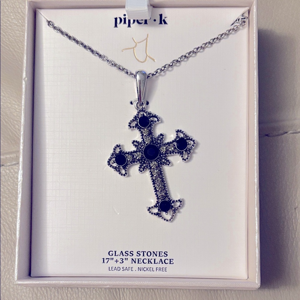 NIB Piper K Silver Necklace with Black Cross Design